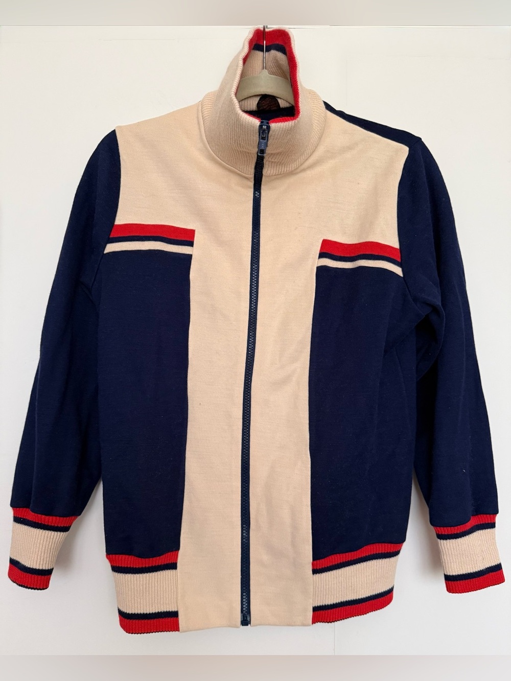 Vintage Wool Navy Cream Red Zip up Track Jacket High Neck M/L Windbreaker